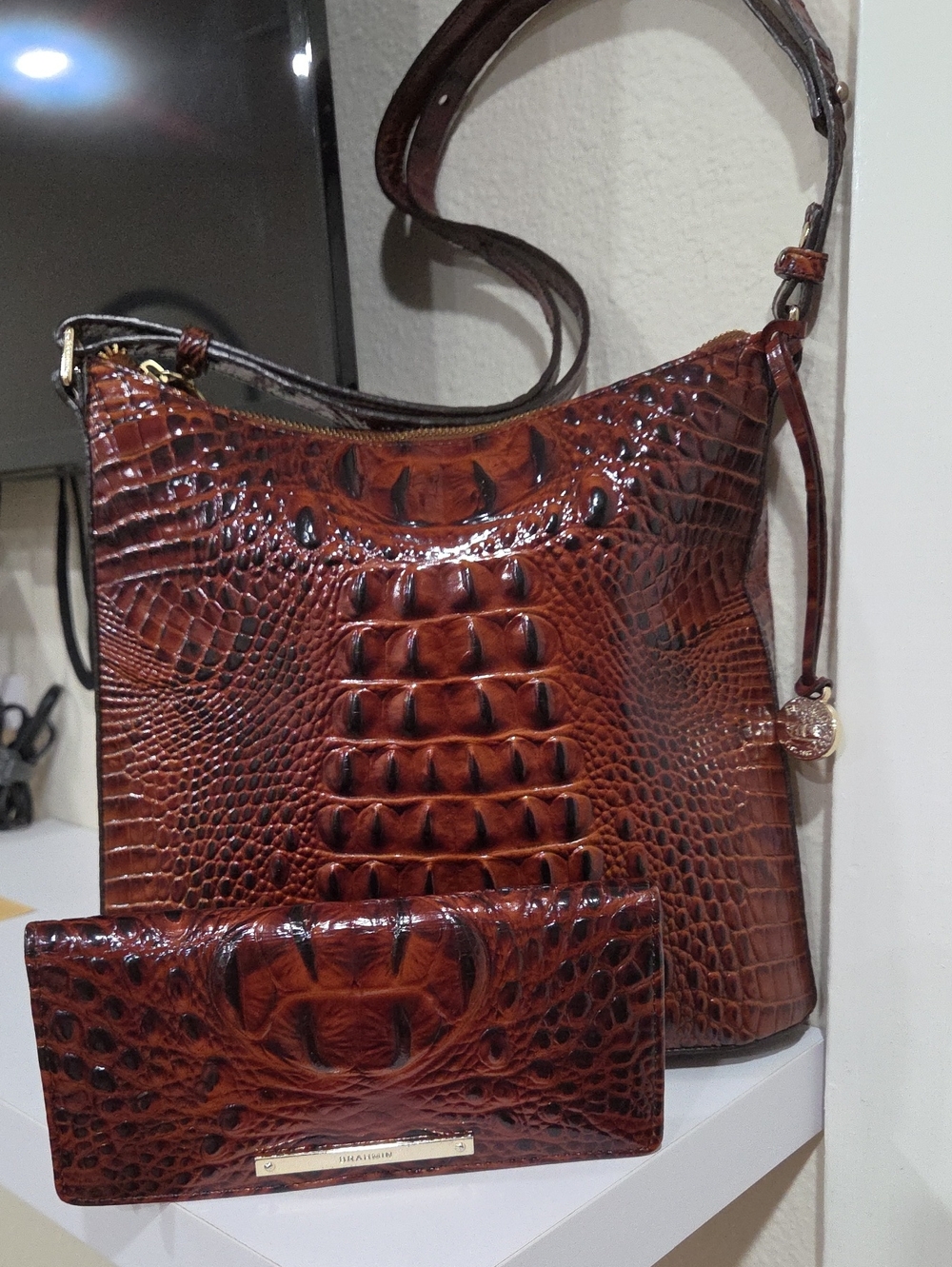 Brahmin Brown Croc-Embossed Shoulder Bag with Matching Wallet